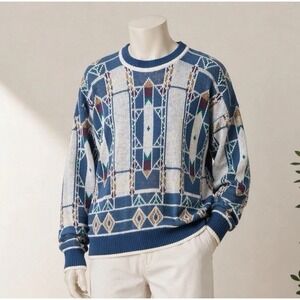 Hennessy Van Heusen Sweater Mens L Blue Geometric Vintage 90s Aztec